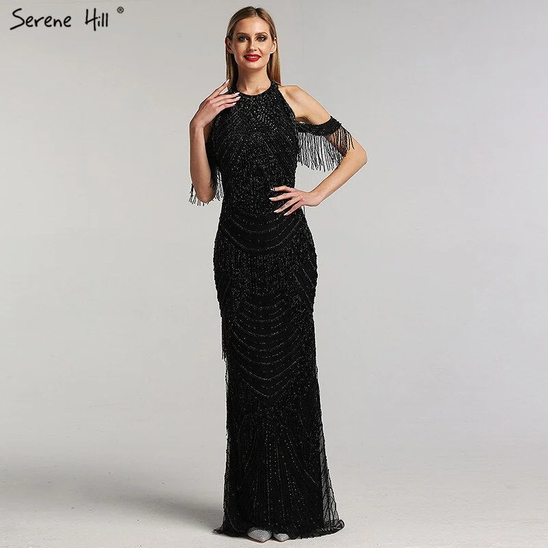 Evening dress with fishtail-Black Halter Backless Sexy Luxury Evening Dresses 2024 Tassel Beading Sleeveless Mermaid  Formal Dress LA6229