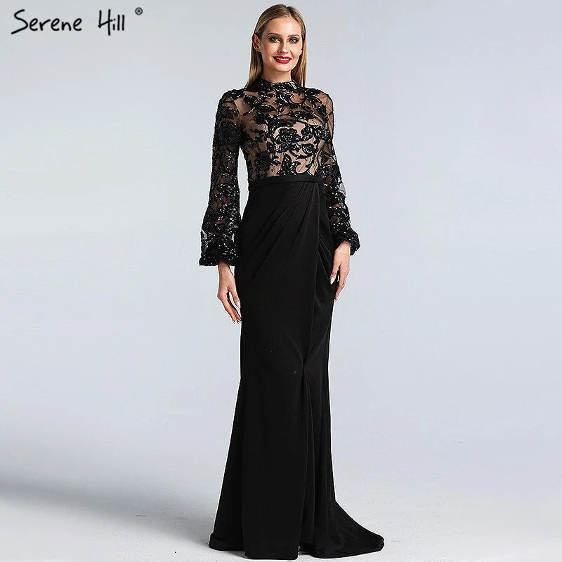 Evening dress with fitted bodice-Black Long Sleeves Mermaid Design Evening Dresses High Neck Sequined Illusion Formal Gowns 2024 Serene Hill LA60921