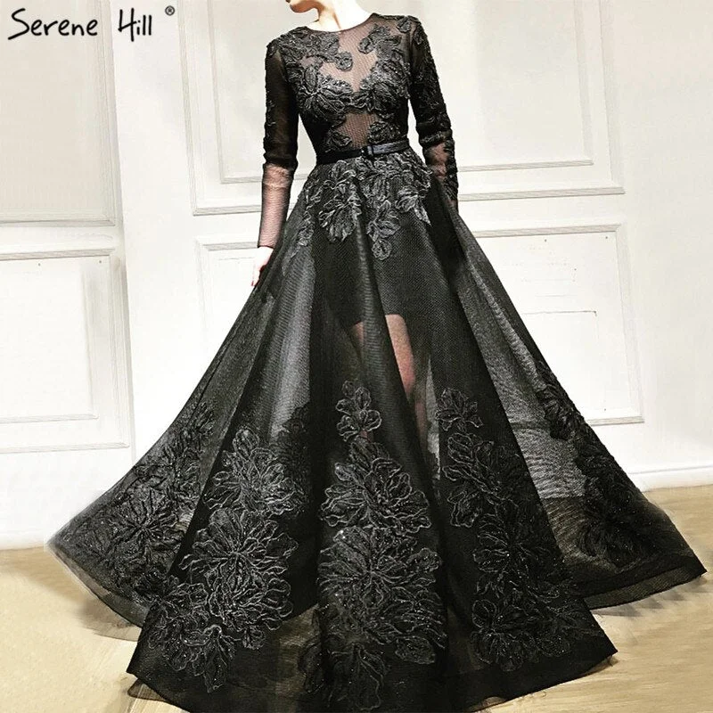 Evening dress with floral print-Black O-Neck Handmade Flowers Evening Dresses 2024 Long Sleeves Perspective Sexy Evening Gowns Serene Hill LA60837