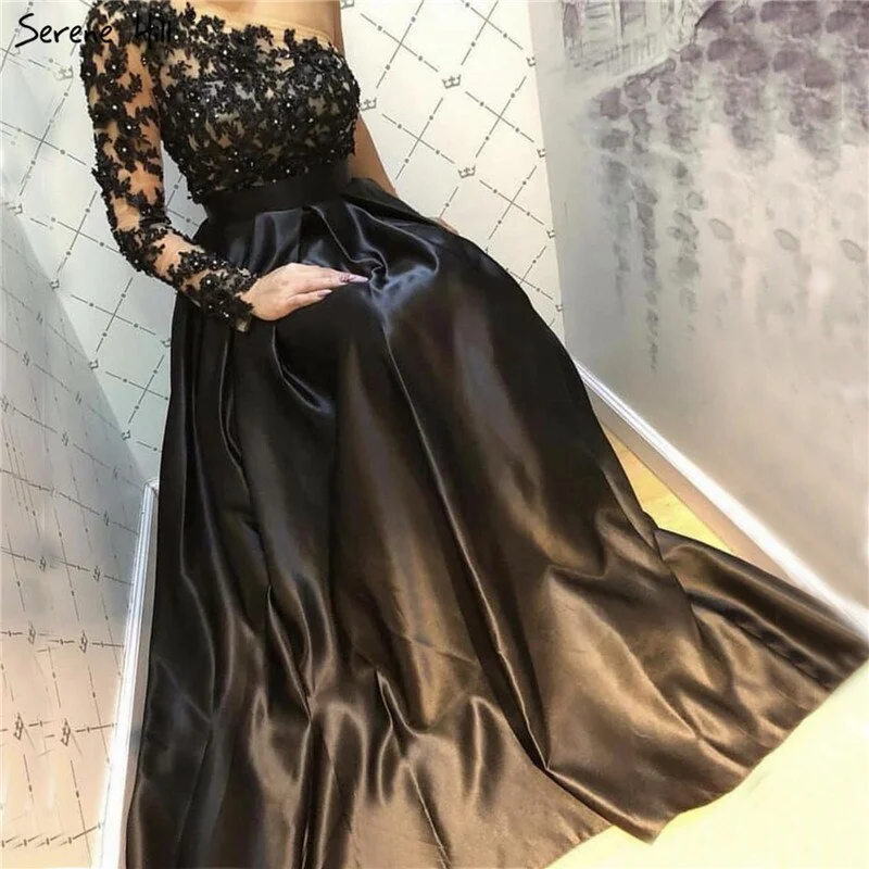 Evening dress with fringe-Black Off Shoulder Sexy A-Line Evening Dresses 2024 Handmade Flowers Crystal Satin Formal Dress Serene Hill LA70038