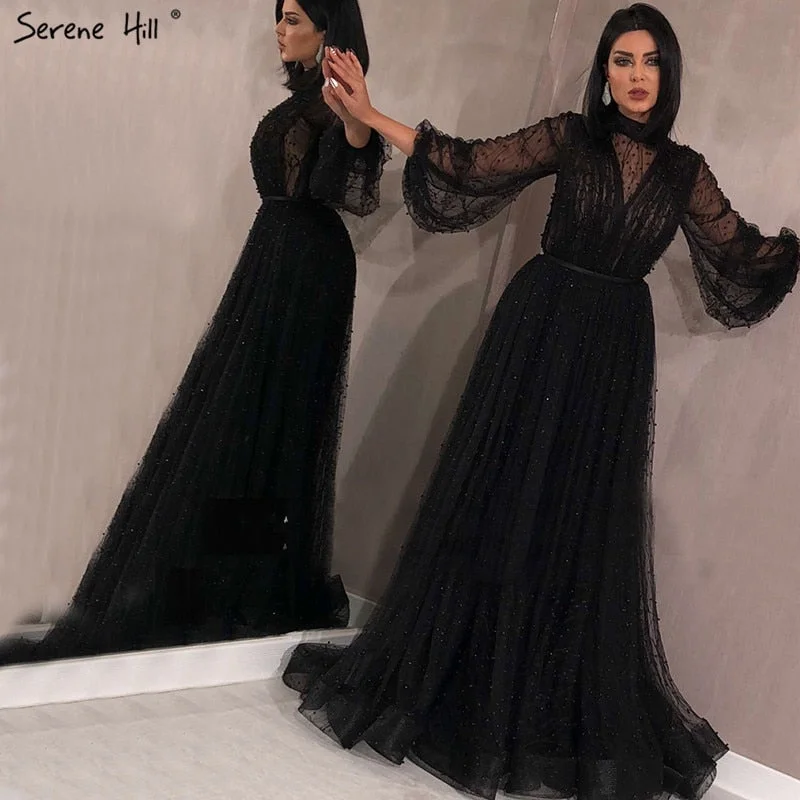 Evening dress with full skirt-Black Peach Pearls A-Line Evening Dresses 2024 Latest Design Long Sleeves Sexy Evening Gowns Serene Hill Plus Size LA60835