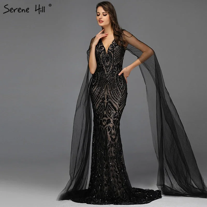 Evening dress with high neckline-Black V-Neck Sequined Sexy Evening Dressese Mermaid Sleeveless Sparkle Evening Gowns Design 2024 Serene Hill LA70117