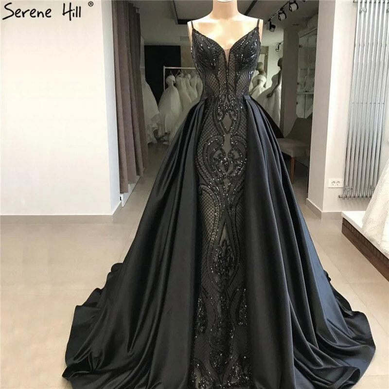 Evening dress with empire waist-Black  V-Neck Sexy Sparkle 2024 Evening Dresses Dubai Design Sequined Sleeveless Evening Gowns Real Photo LA60727