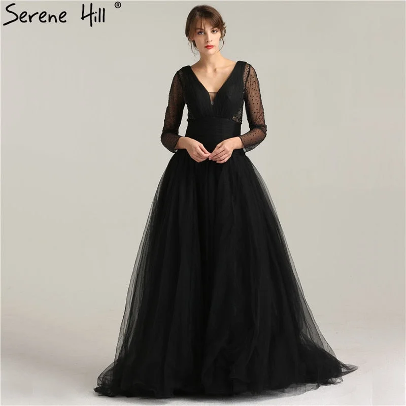 Evening dress with cap sleeves-Black V-Neck Tulle Prom Dresses Long Sleeves Crystal A-Line Evening Party Gowns LA6273