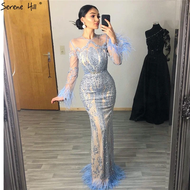 Evening dress with illusion back-Blue  Long Sleeve Feathers beaded Evening Dresses Dubai Mermaid Luxury Evening Gowns 2024 Serene Hill LA60932