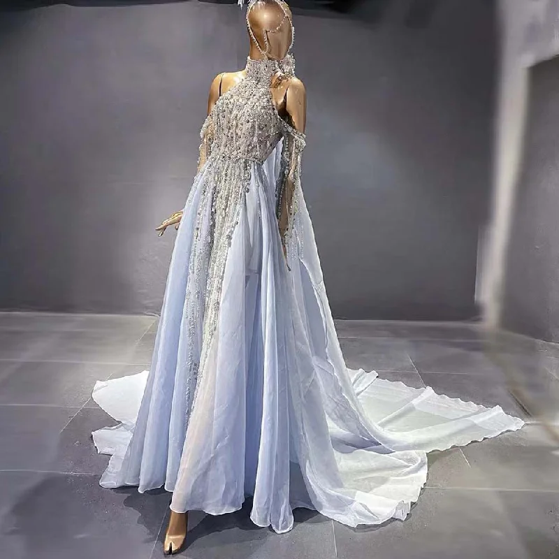 Evening dress with illusion skirt-Blue Luxury Halter Cape Evening Dresses Gowns 2024 Beaded A-Line High-end For Women Party Serene Hill LA71522