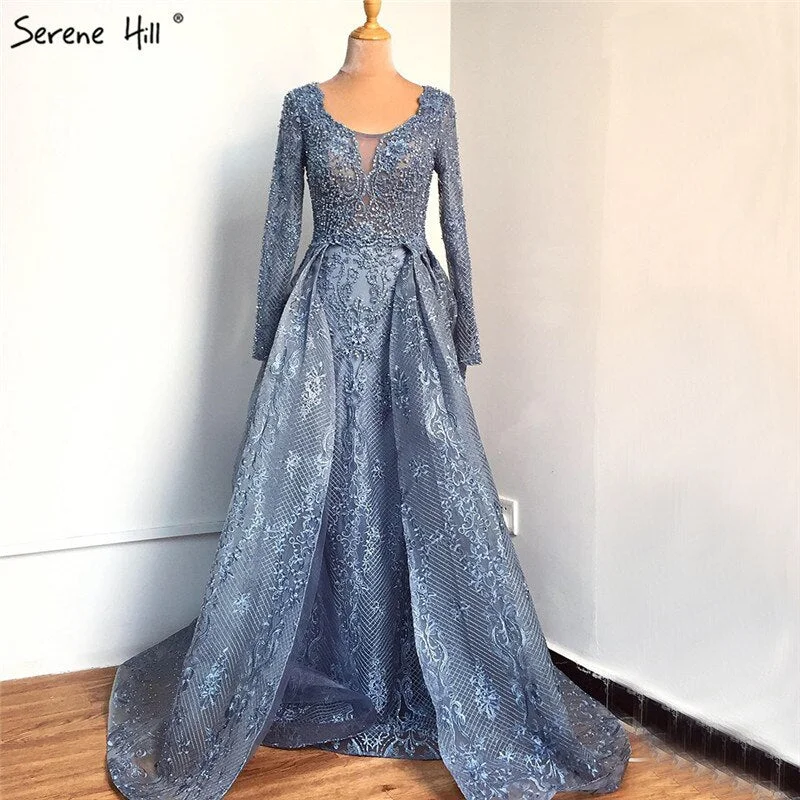 Evening dress with keyhole back-Blue Muslim Beading Mermaid Lace  Crystal Design Evening Dresses 2024 Dubai Luxury  Plush Size Evening Gowns Serene Hill LA70424