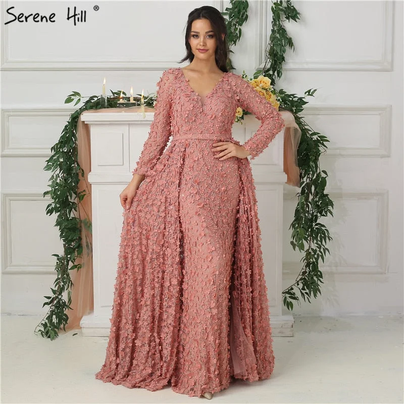 Evening dress with lace applique-Blush Pink Long Sleeves Evening Dresses Handmade Flowers Pearls LA6650