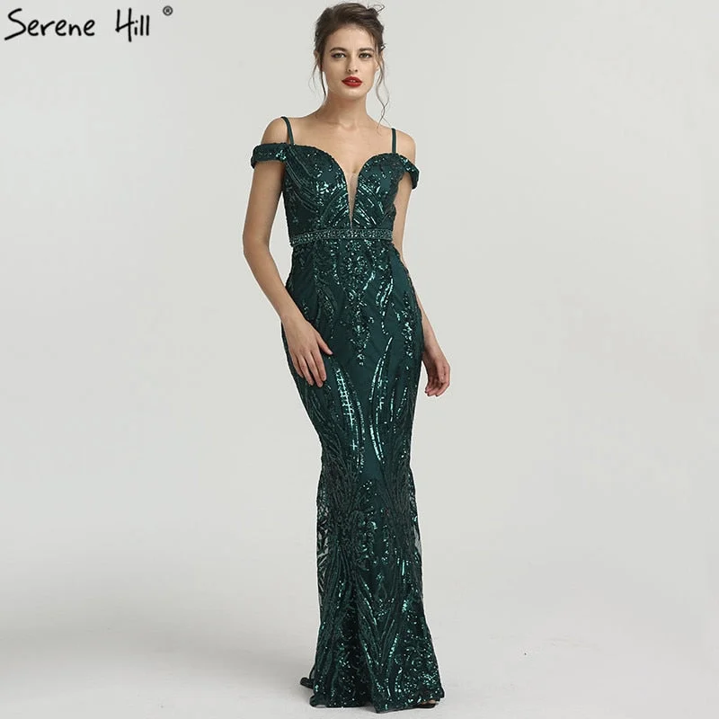 Evening dress with lace-up back-Boat Neck  Mermaid Evening Dresses Sequined Diamond Elegant LA6582