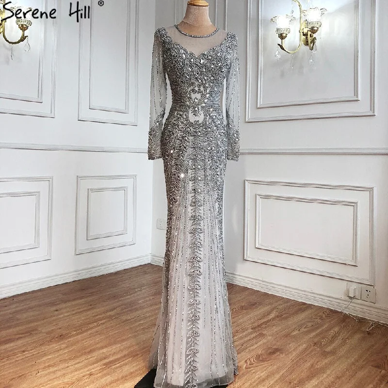 Evening dress with metallic finish-Champagne Dubai Luxury Mermaid Evening Dresses Long Sleeves Diamond Beading Formal Dress 2024 Serene Hill LA70443