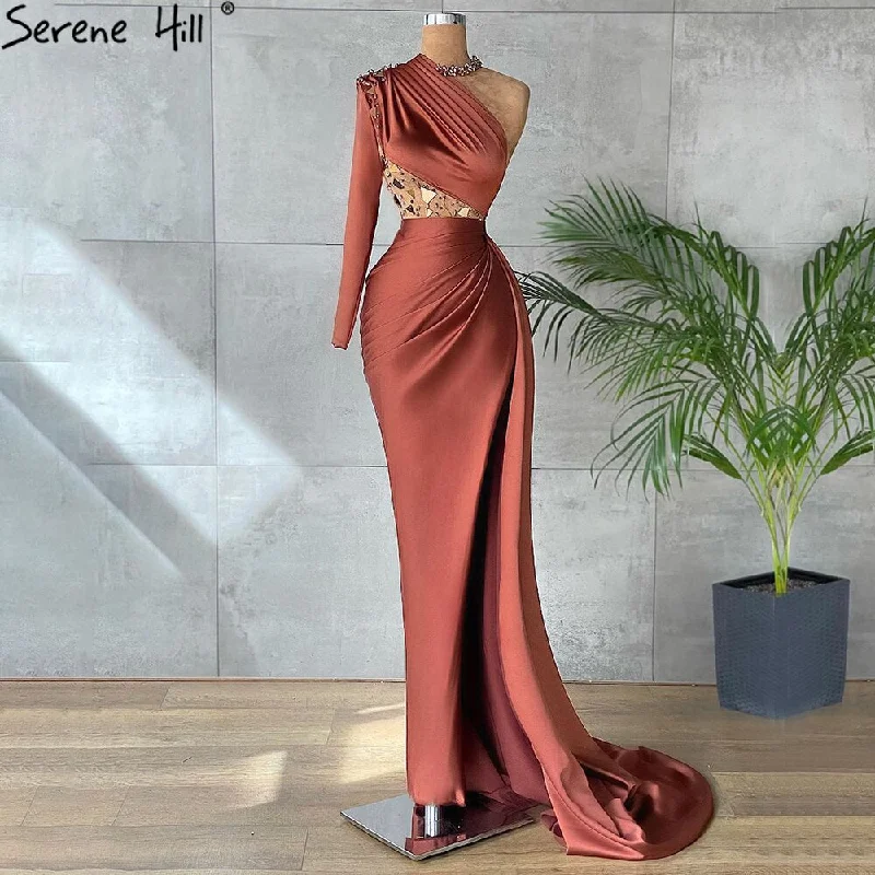 Evening dress with open back-Coffee Mermaid High Split Satin Evening Dresses Gowns 2024 Elegant One Shoulder For Women Party LA71285 Serene Hill