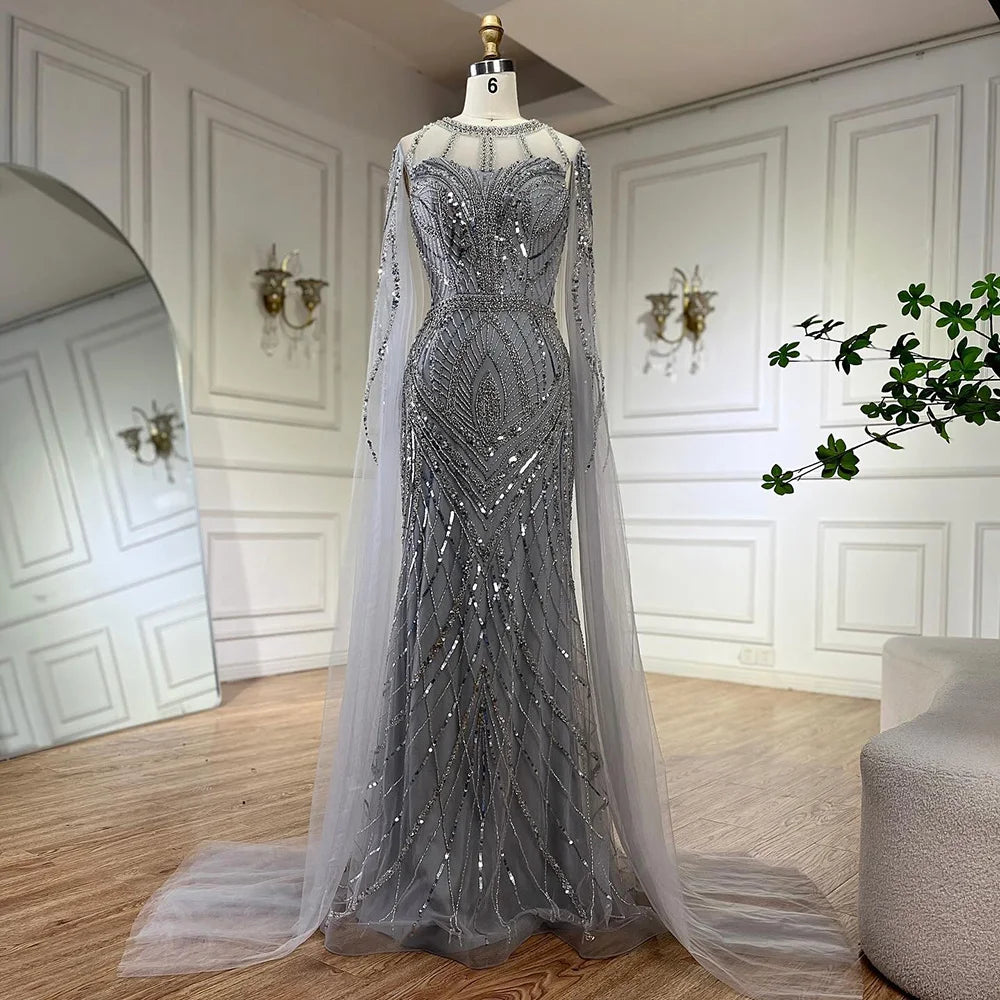 Evening dress with pleated skirt-Customized 2024 Arabic Gray Mermaid Evening Dress With Beaded Elegant Cape Sleeves Gown For Formal Occasion LA72611