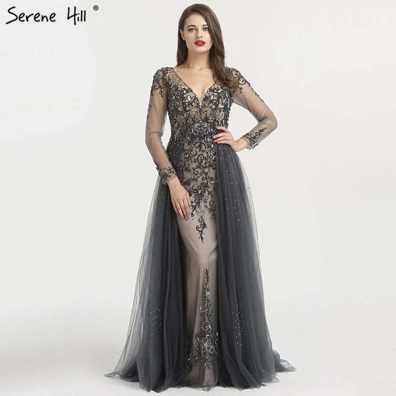 Evening dress with puff sleeves-Deep V-Neck Evening Dresses  Diamond Beading Evening Dress BLA6571