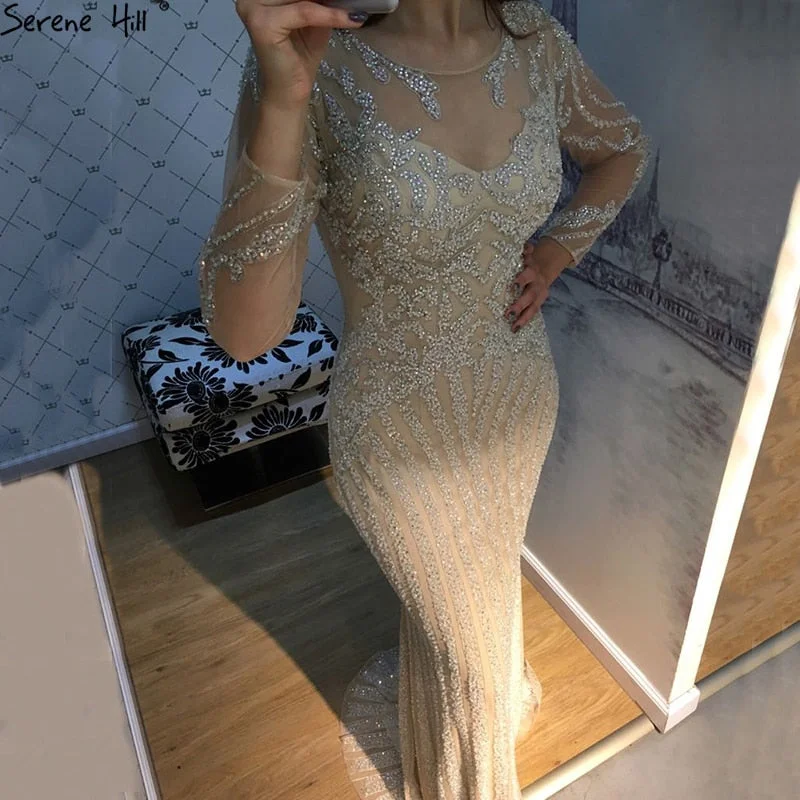 Evening dress with ruffled hem-Designer Silver Grey Luxury Evening Dresses Mermaid Beading Slim LA6649