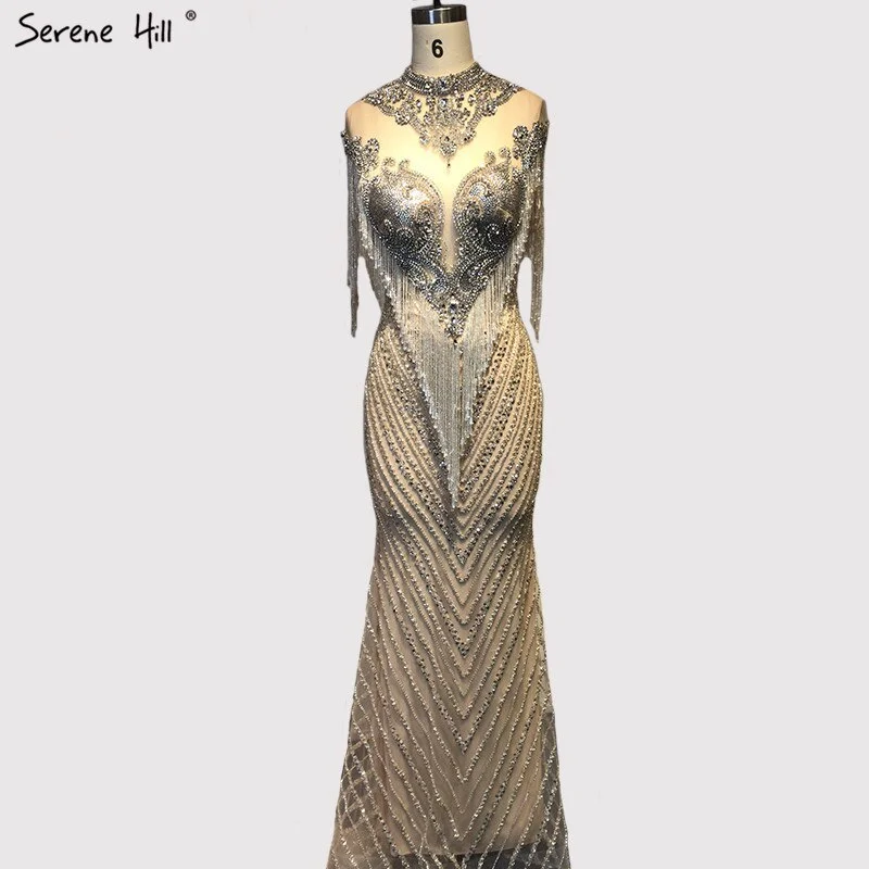 Evening dress with sequined bodice-Dubai Beading Tassel Luxury Sexy Evening Dresses 2023 Silver Sleeveless High-end Evening Gowns Serene Hill LA60811