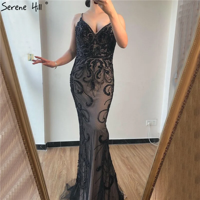 Evening dress with sheer panels-Dubai Black V-Neck Sexy Luxury Evening Dress 2024 Sleeveless Mermaid Diamond Beading Evening Dress Real Photo LA70175