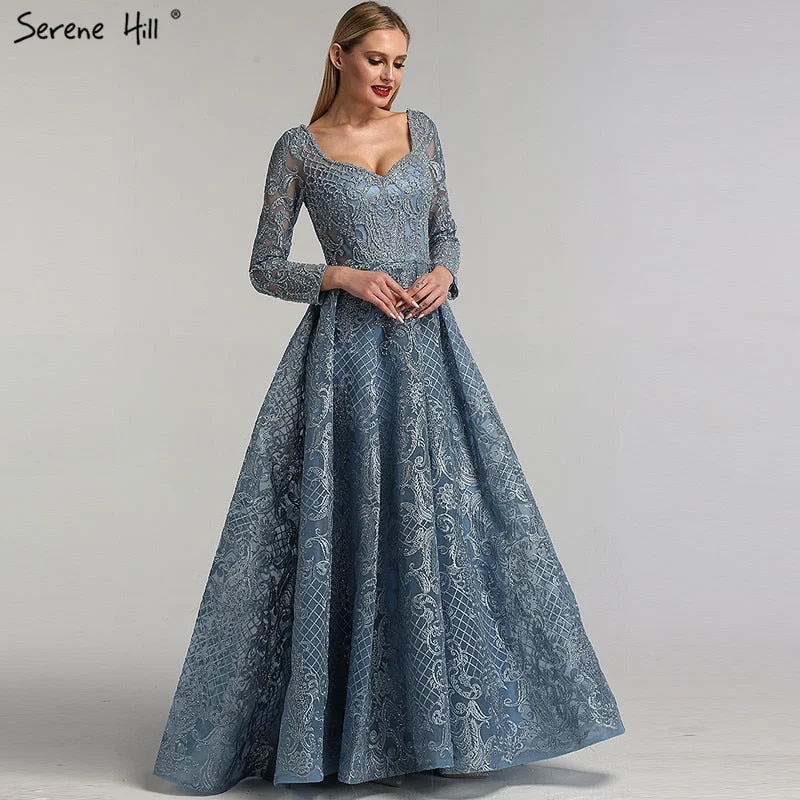 Evening dress with sleeves-Dubai Blue Muslim  Lace  Beading  Luxury Evening Dresses 2024 Long   Plus Size Dress   Evening Gowns LA60899  For Women