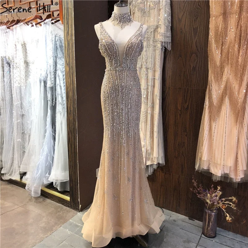 Evening dress with spaghetti straps-Dubai Champagne Pearls Diamond Formal Gowns Design 2024 V-Neck Sleeveless Sexy Evening Dresses Serene Hill LA70055