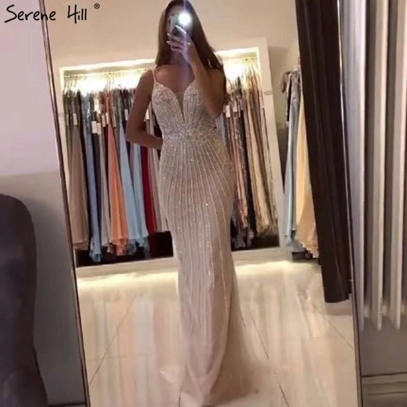 Evening dress with statement sleeves-Dubai Champagne Sleeveless Mermaid Sexy Evening Dresses 2024 Beading Sequins Backless Formal Dress Serene Hill LA70400