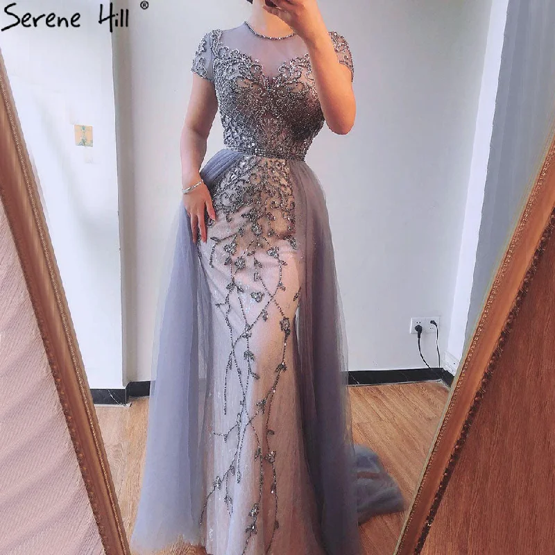 Evening dress with sweetheart neckline-Dubai Crystal Short Sleeve Evening Dresses Design 2023 Luxury Mermaid Sexy Formal Dress Serene Hill LA60960