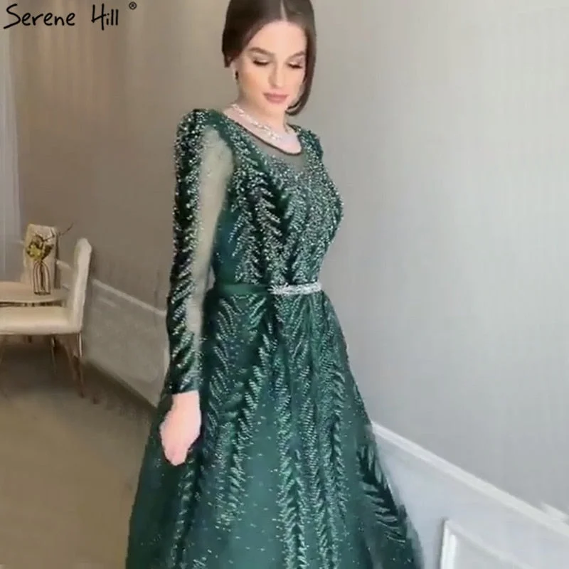 Evening dress with trumpet silhouette-Dubai Design Green Long Sleeves Evening Dresses 2024 O-Neck Beading Sequined A-Line Formal Dress Serene Hill LA70040