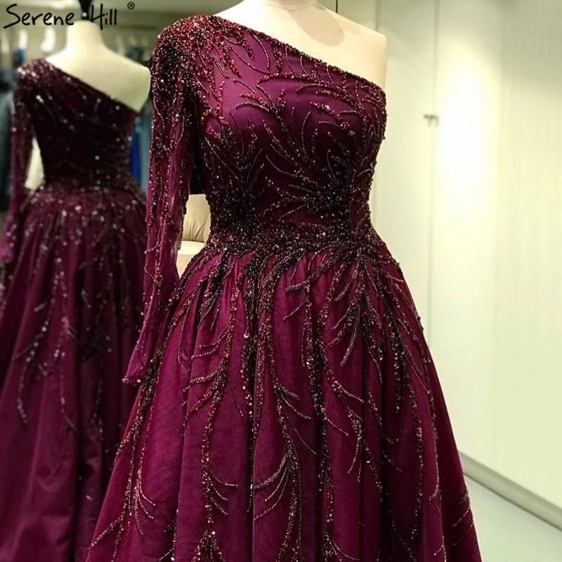 Evening dress with velvet-Dubai Design Wine Red A-Line Evening Dresses One-Shoulder Sexy Luxury Formal Dress 2024 Serene Hill LA60988