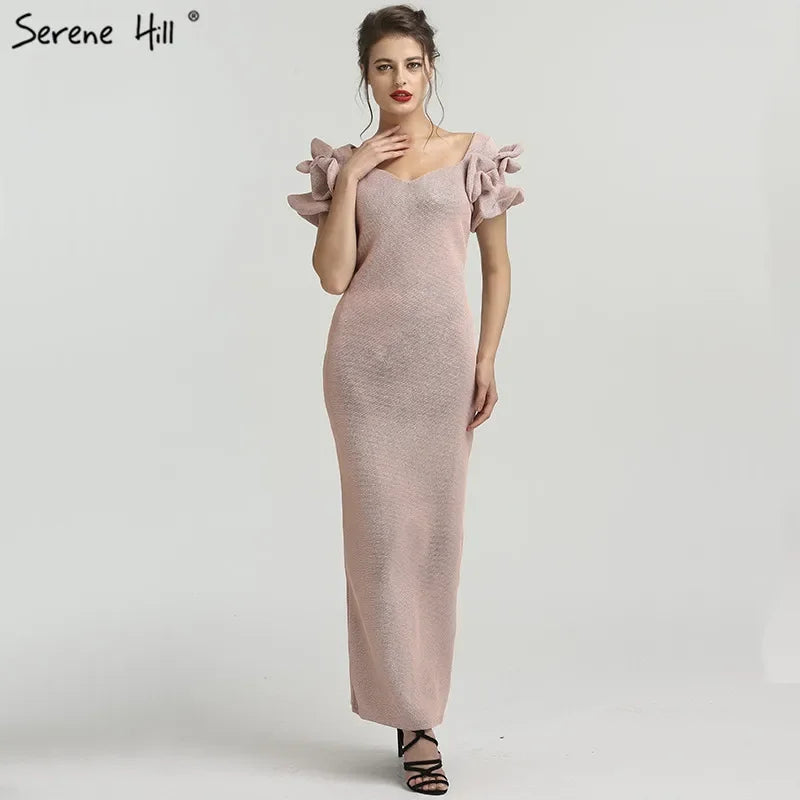 Evening dress with wrap design-Dubai Designer Pink Short Sleeves Dress New Mermaid Fashion Womens Formal Evening Gowns 2024 Serene Hill QA8019