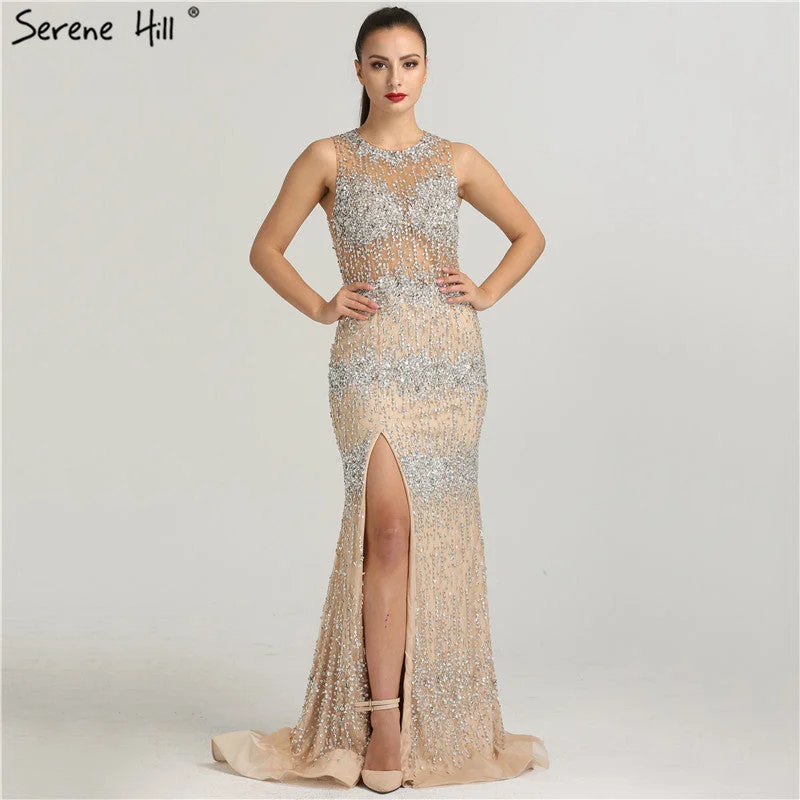 Formal evening dress-Dubai Designer Sleeveless Sexy Tulle Evening Dresses Beading Crystal Mermaid Sparkle LA6277