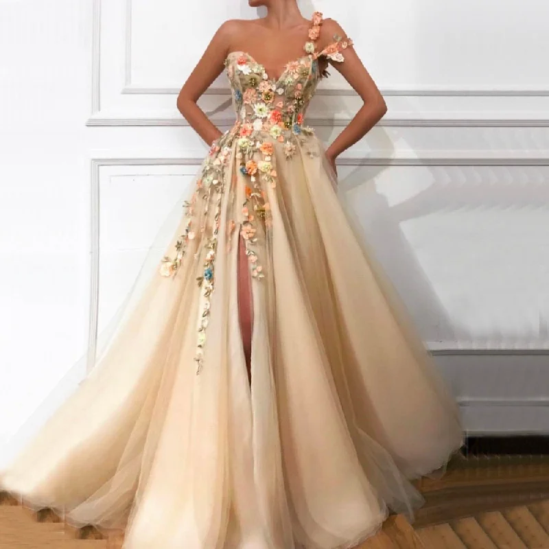 Gold evening dress-Dubai Flowers Pearls Evening Dresses Sexy One Shoulder A-Line Formal Dress 2024 Evening Dresses  Serene Hill   Gowns LA60946