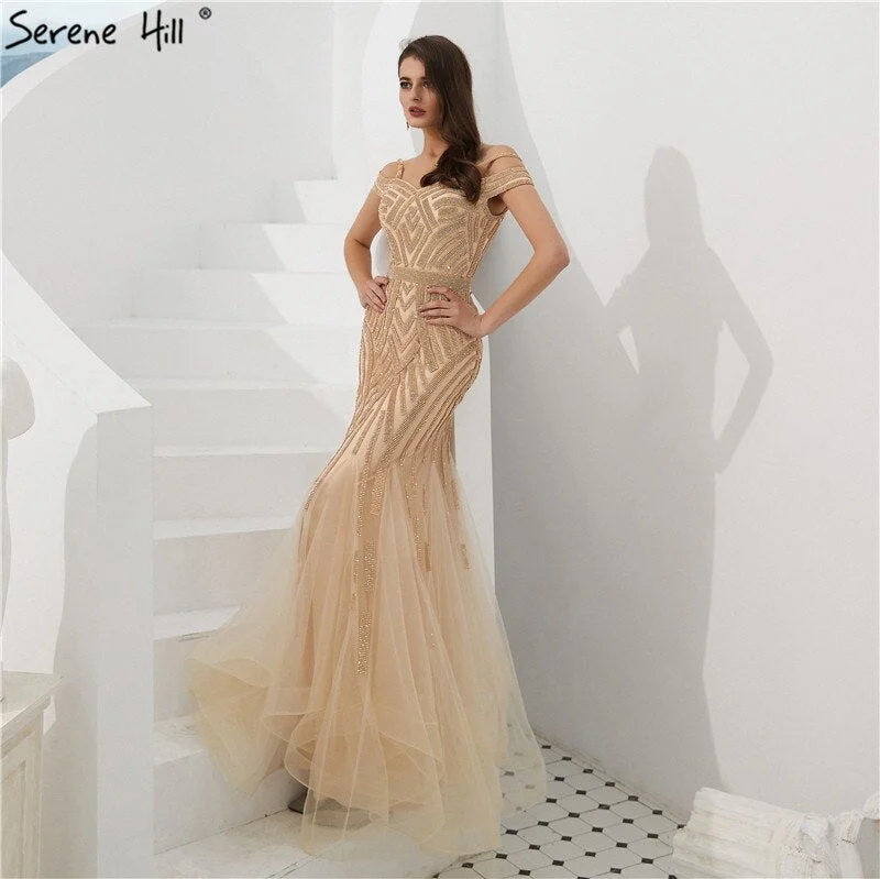 Halter neck evening dress-Dubai Gold Full Diamond Mermaid Evening Dresses 2024 Off Shouler Sexy Elegant Formal Gowns Serene Hill LA60807