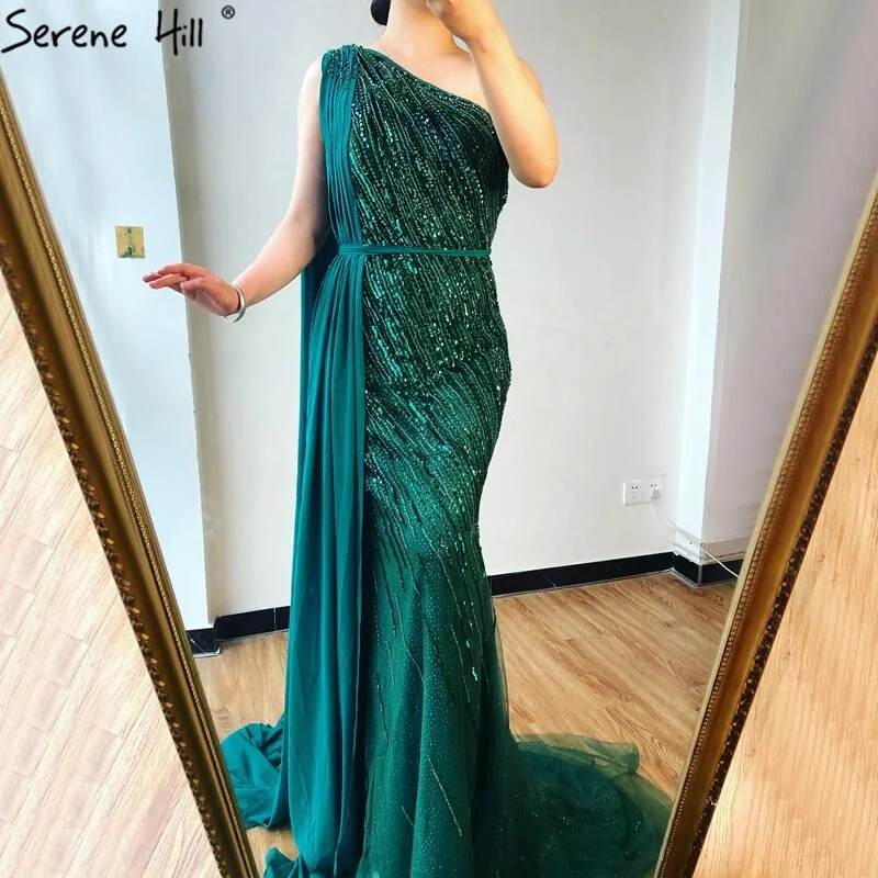 Long evening dress-Dubai green One Shoulder Luxury Evening Dresses Mermaid Beading Suiqns Sparkle Formal Dress 2024 Serene Hill LA70515