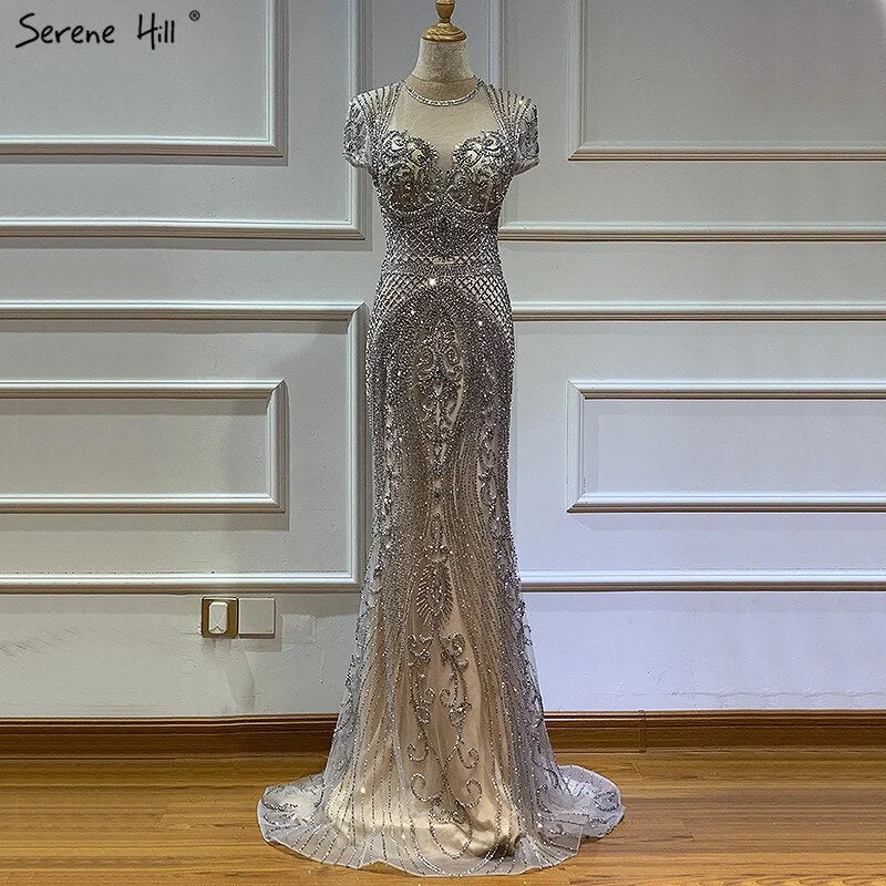 Navy evening dress-Dubai Grey Full Diamond Sexy Evening Dresses 2024 Cap Sleeve Luxury Mermaid Formal Dress Serene Hill LA60934