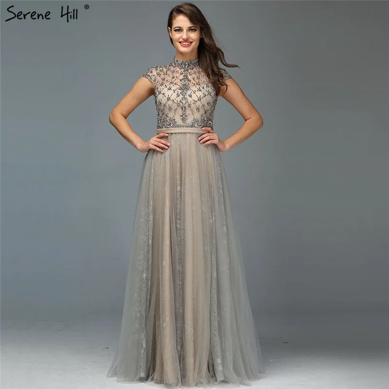 Off-white evening dress-Dubai Grey High-end O-Neck Sexy Evening Dresses 2024 Sleeveless A-Line Diamond Beading Formal Dress Real Photo LA70142