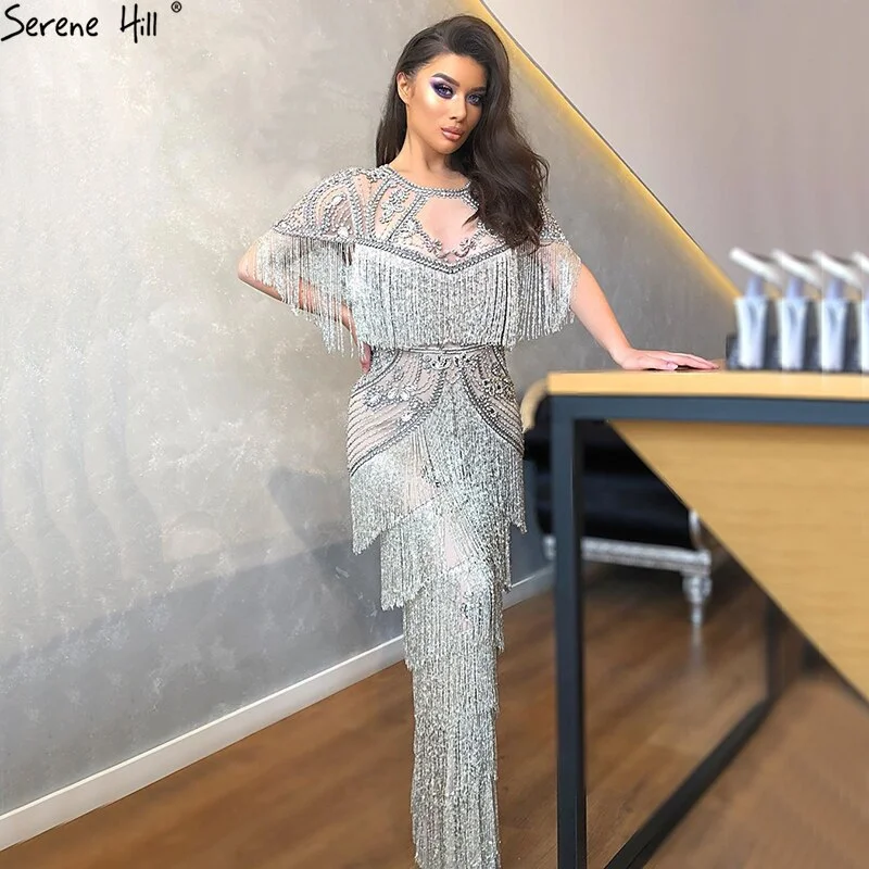 Pink evening dress-Dubai Grey Luxury Beading Tassel Evening Dresses 2024 Mermaid Short Sleeves Formal Dress Serene Hill LA70275