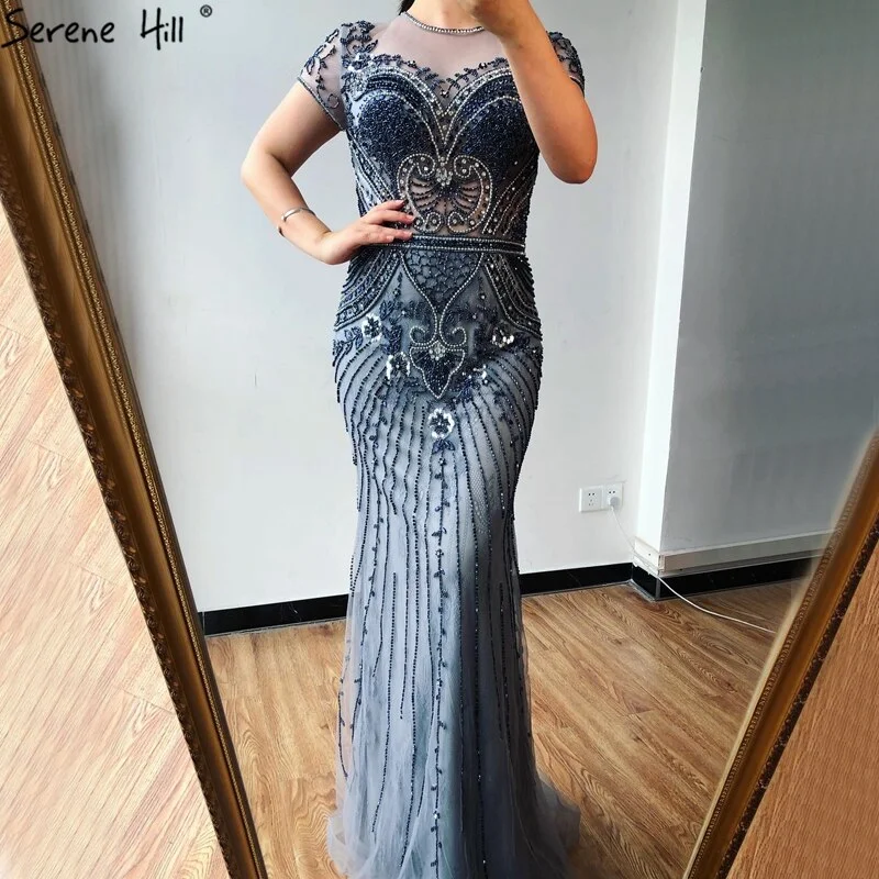 Plus size evening dress-Dubai Grey Mermaid O-Neck Design Evening Dresses Beading Diamond Luxury Cap Sleeve Formal Dress 2024 Serene Hill LA70152