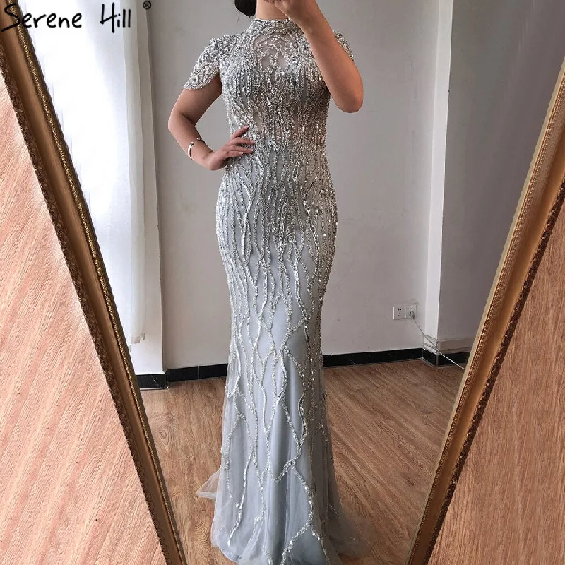 Red evening dress-Dubai Grey Mermaid Short Sleeves Evening Dresses Luxury Beading Sparkle Formal Dress 2024 Serene Hill LA70649