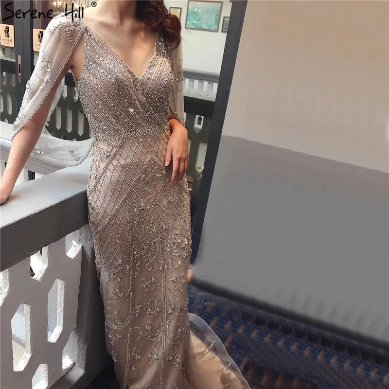 Sleeveless evening dress-Dubai Grey Nude  Sexy Evening Dresses 2024 Crystal Sleeveless Shawl Yarn Formal Serene Hill LA70382