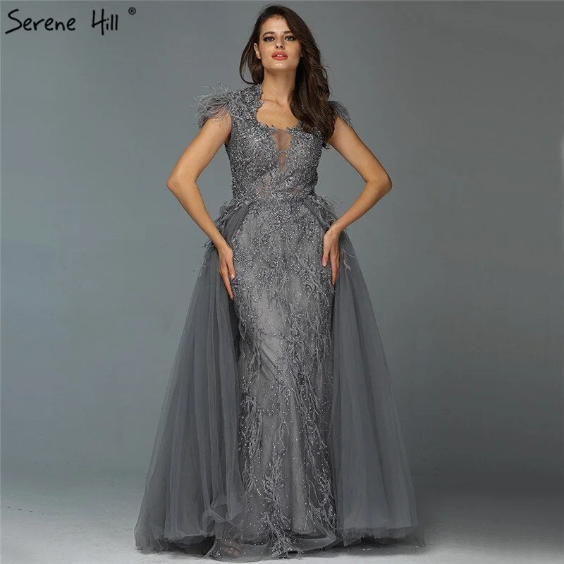 Two-piece evening dress-Dubai Grey Sleeveless Tulle Evening Dresses Design 2024 Crystal Feathers Luxury Formal Dress Serene Hill LA70020