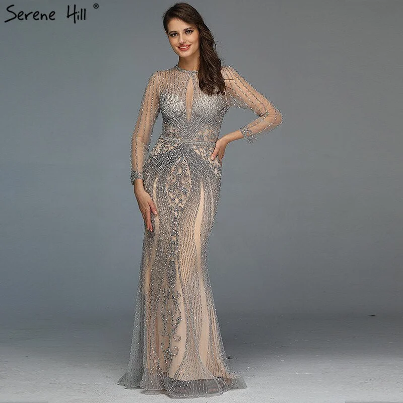 Vintage evening dress-Dubai Long Sleeves Grey Luxury Evening Dresses O-Neck Full Diamond Mermaid Formal Dress 2024 Serene Hill Plus Size LA70116