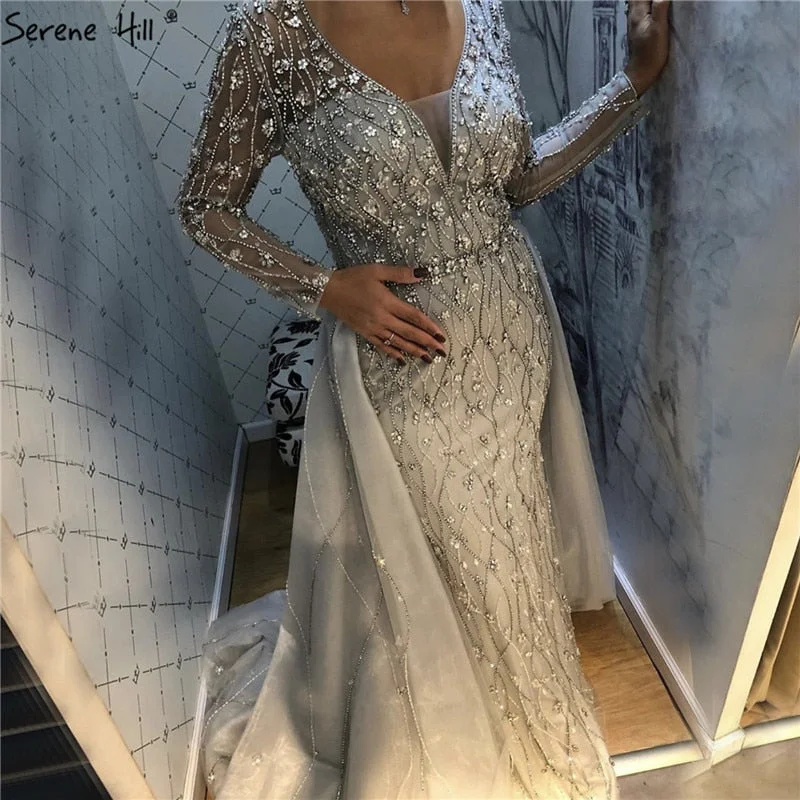 Bohemian evening dress-Dubai Luxury Grey With DetachableTrain Evening Dresses 2024 Long Diamond Mermaid Beading Formal Dress Serene Hill LA70341