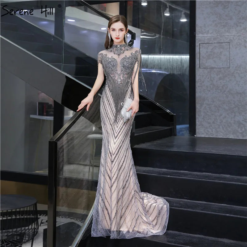 Burgundy evening dress-Dubai Luxury High-end  Evening Dresses 2024 Champagne Grey Beaded Tassel Formal Serene Hill LA60811