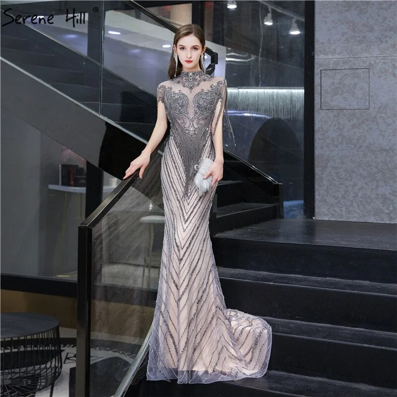 Champagne evening dress-Dubai Luxury High-end Sexy Evening Dresses 2024 Champagne Grey Beading Tassel Formal Dress Serene Hill LA60811