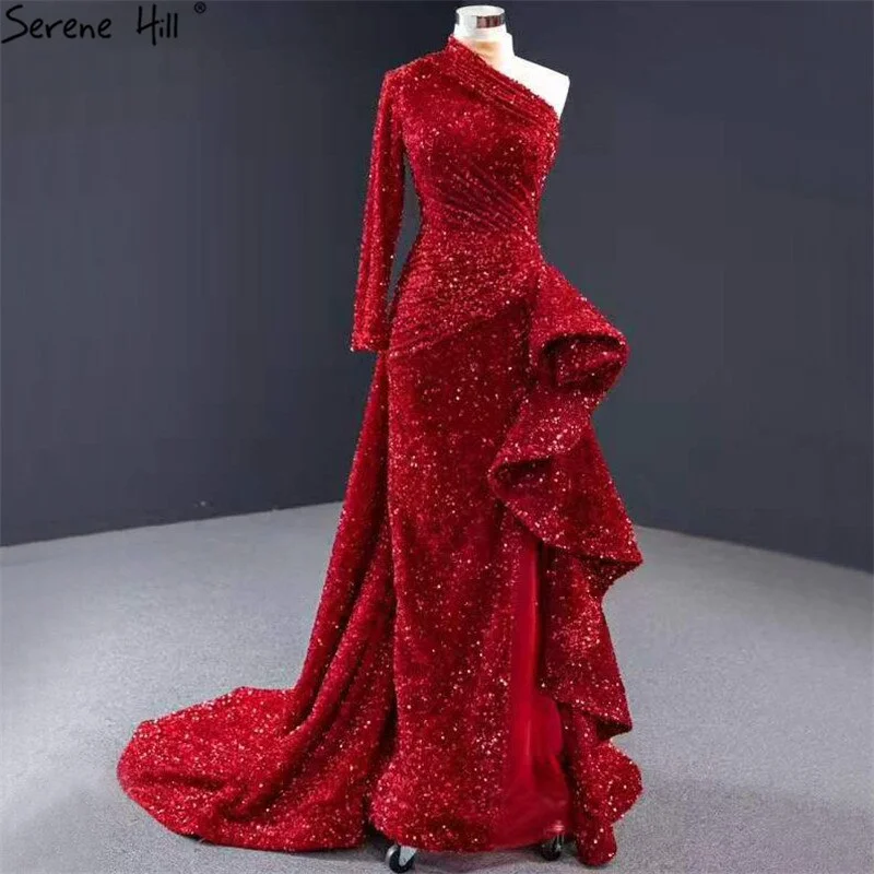 Classic evening dress-Dubai Luxury One Shoulder Red Evening Dresses 2024 Sequined Sparkle Mermaid Sexy Fromal Dress Serene Hill HM67056