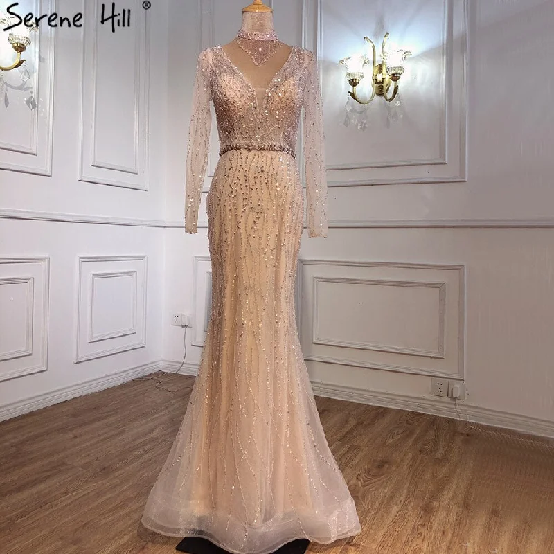 Evening dress for cocktail-Dubai Mermaid Pink Beading Sequins Evening Dresses V-Neck Long Sleeves Luxury Formal Dress Serene Hill 2024 LA70526