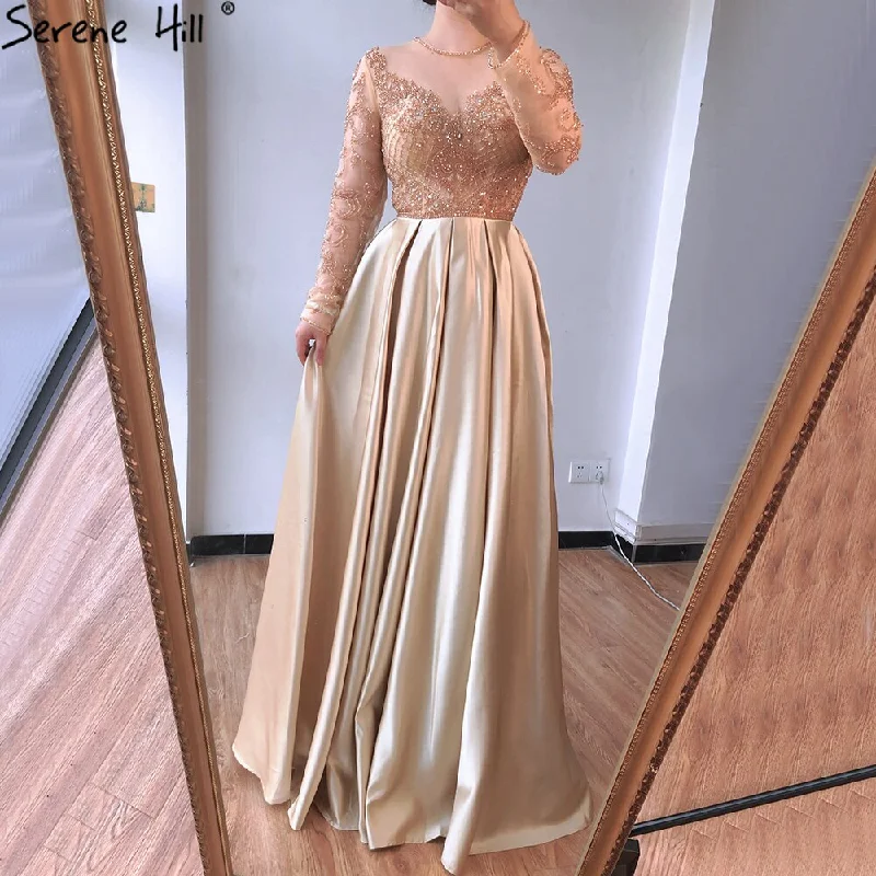 Evening dress for prom-Dubai Mulim Gold A-line Long Satin  Crystal Beading Evening Dresses 2024 Gowns For Woman  Formal Dress =Serene Hill LA70550