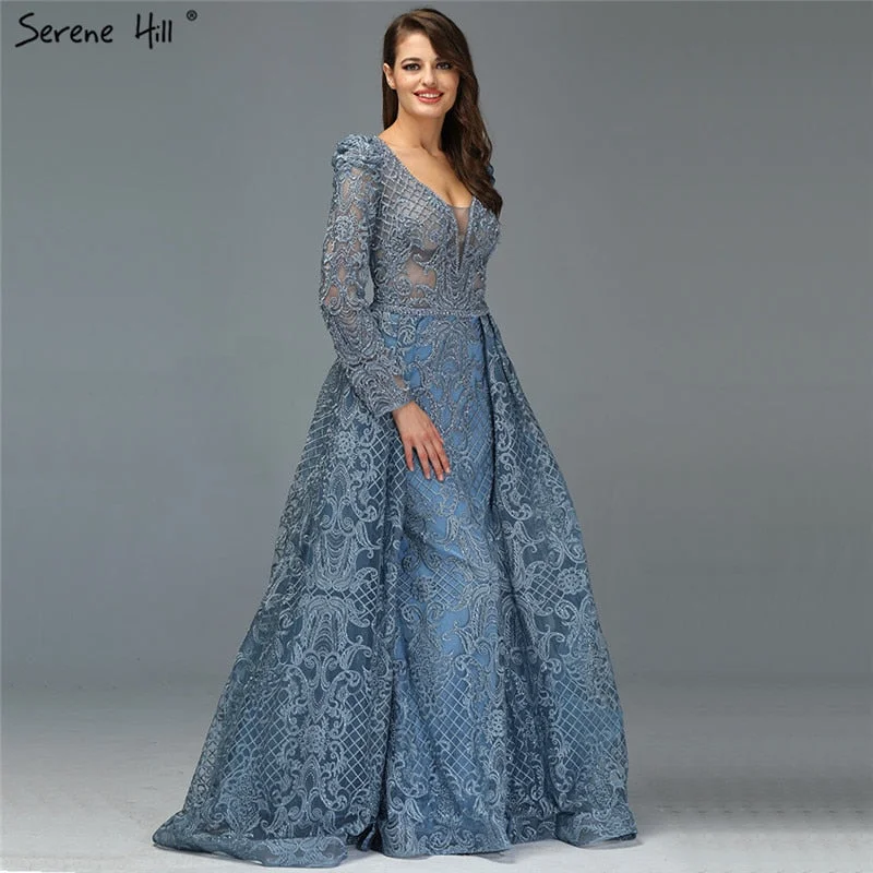 Evening dress with satin-Dubai  Muslim Blue Luxury Long elegant  Evening Dresses 2024 Crystal Mermaid Evening Gowns Plus Size LA70159