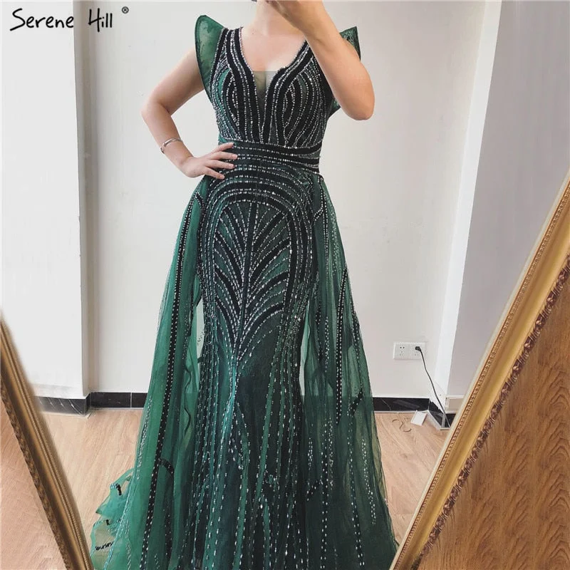 Evening dress for weddings-Dubai Navy Blue Deep-V Sexy Evening Dresses 2024 Sleeveless Crystal Luxury Mermaid Evening Gowns Design Serene Hill LA70198