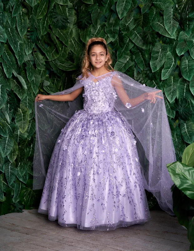 Evening dress with beaded bodice-Girls 3D Floral Sleeveless Cape Gown by Calla SCK301