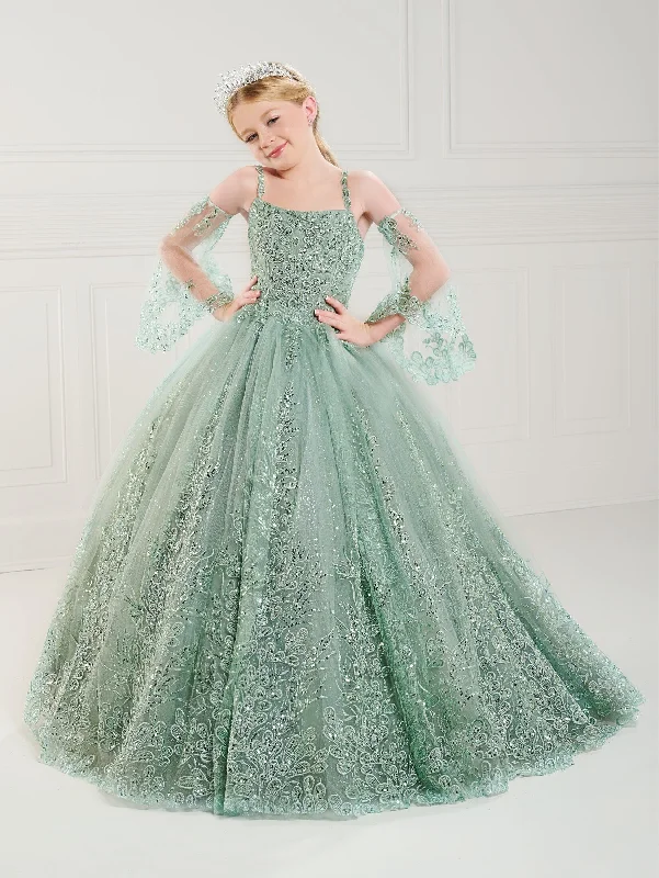 Evening dress with embellishments-Girls Applique Bell Sleeve Gown by Tiffany Princess 13743