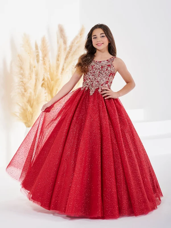 Evening dress with pleated skirt-Girls Applique Sleeveless Gown by Tiffany Princess 13690